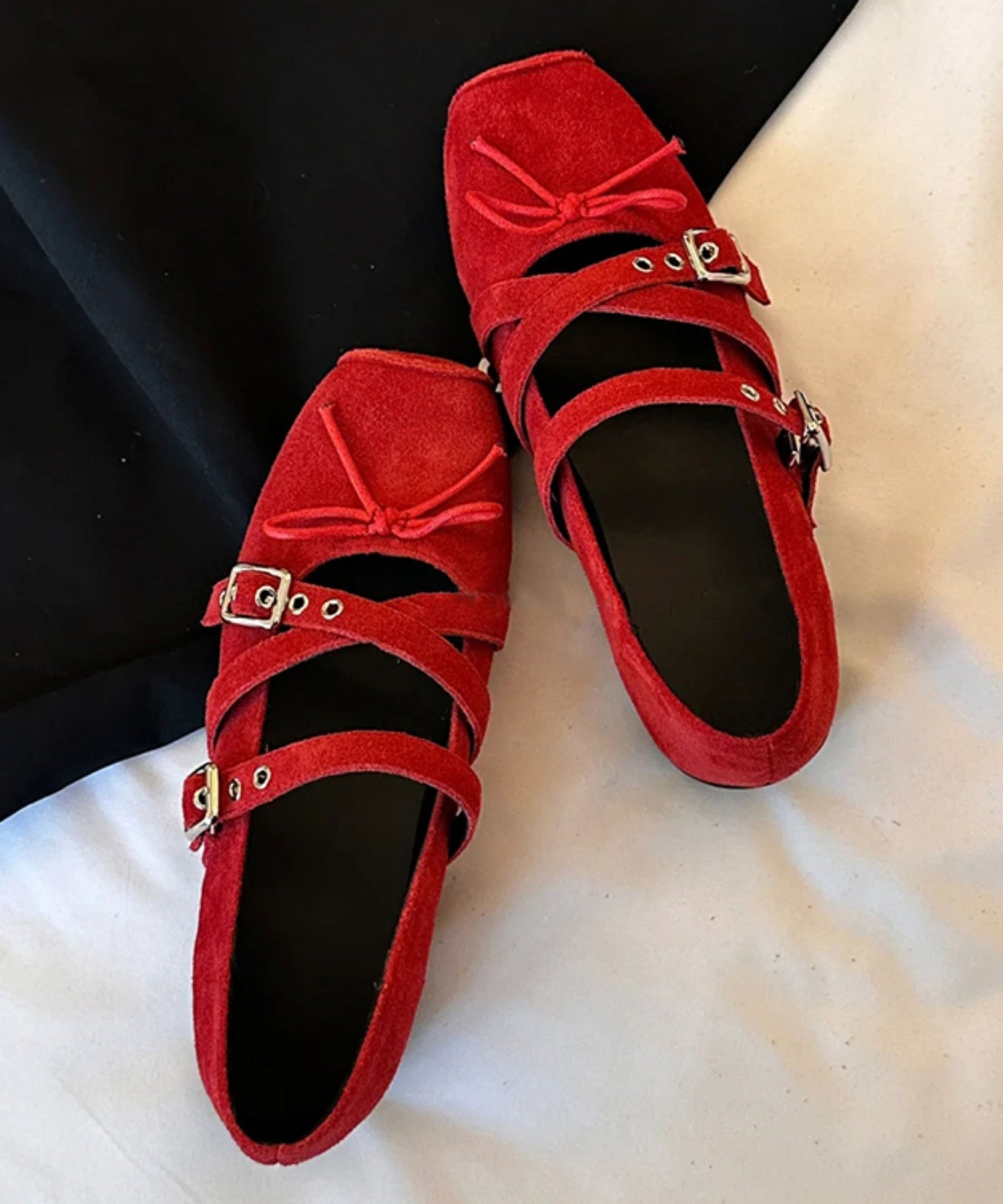 Comfy Cross Strap Bow Splicing Wedge Heel Shoes Red Suede