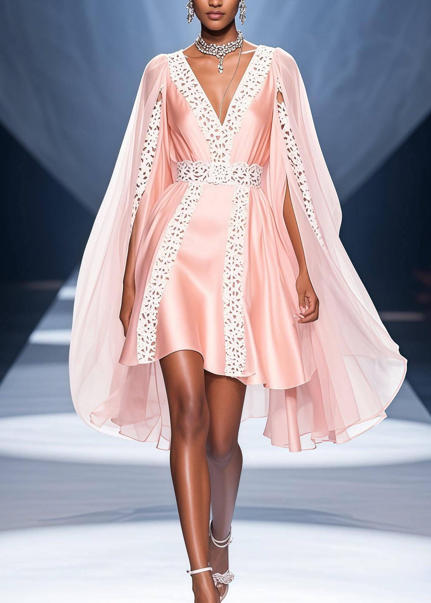 Pink V Neck Lace Patchwork Cloak Silk Party Dress Summer