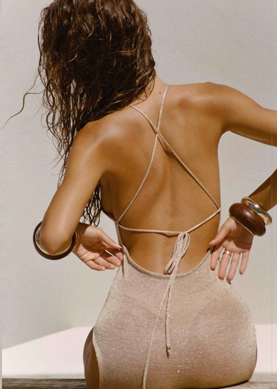 Beige Backless Side Open Lace Up Dress Sleeveless