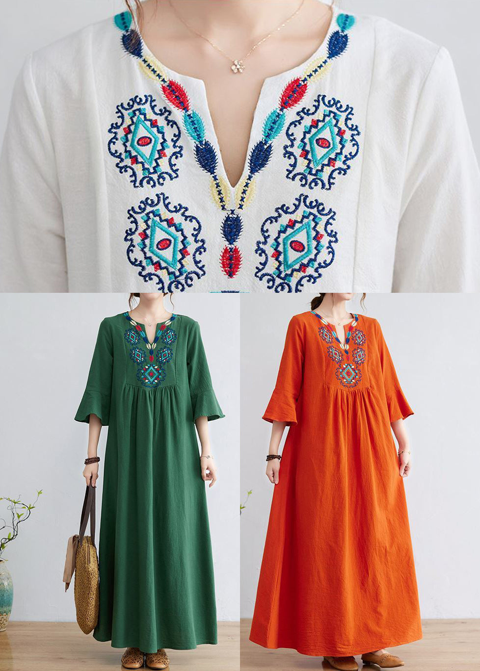 Green Cotton Long Dress Embroidered Exra Large Hem Flare Sleeve