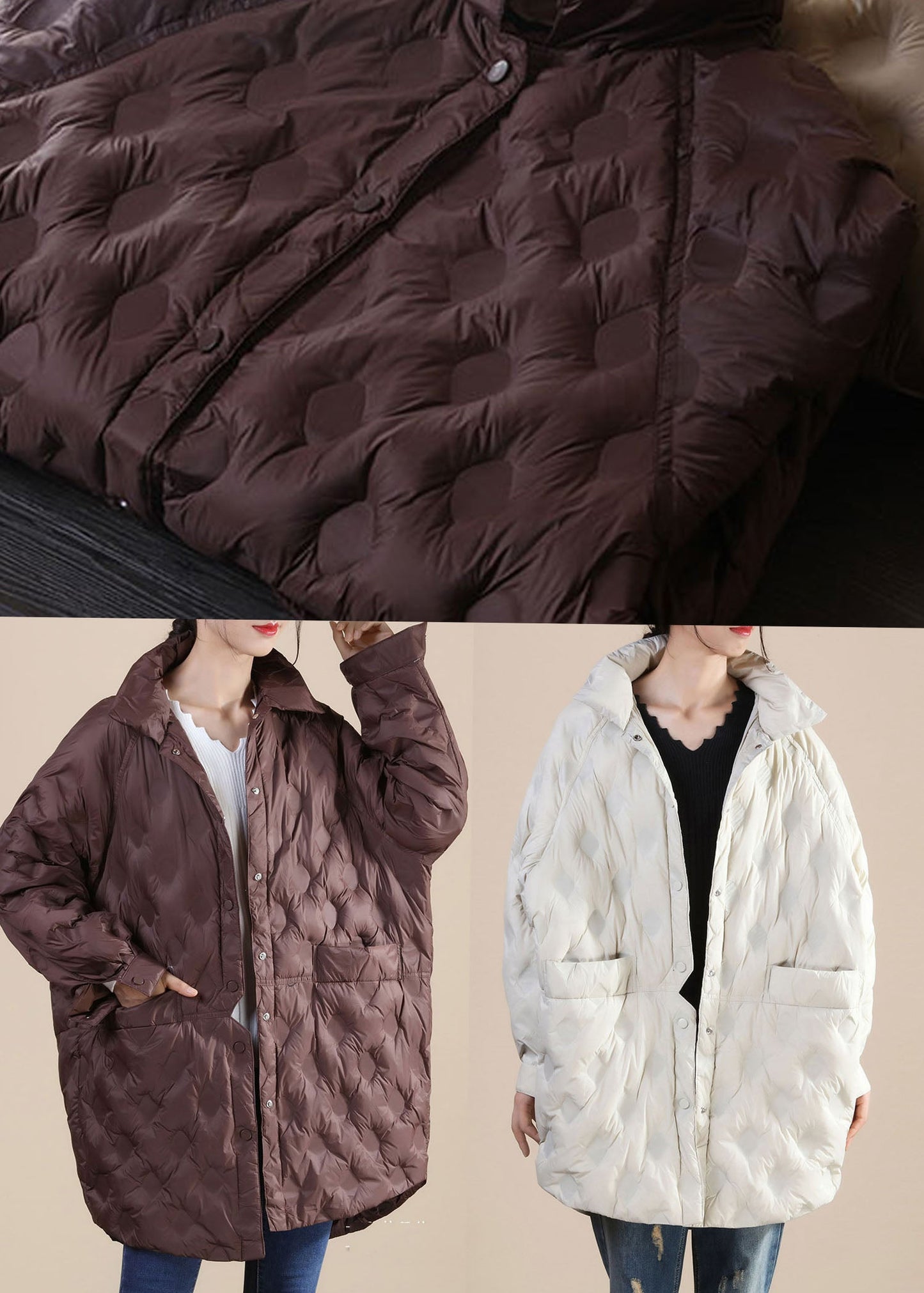 Beige Pockets Patchwork Winter Duck Down Jackets