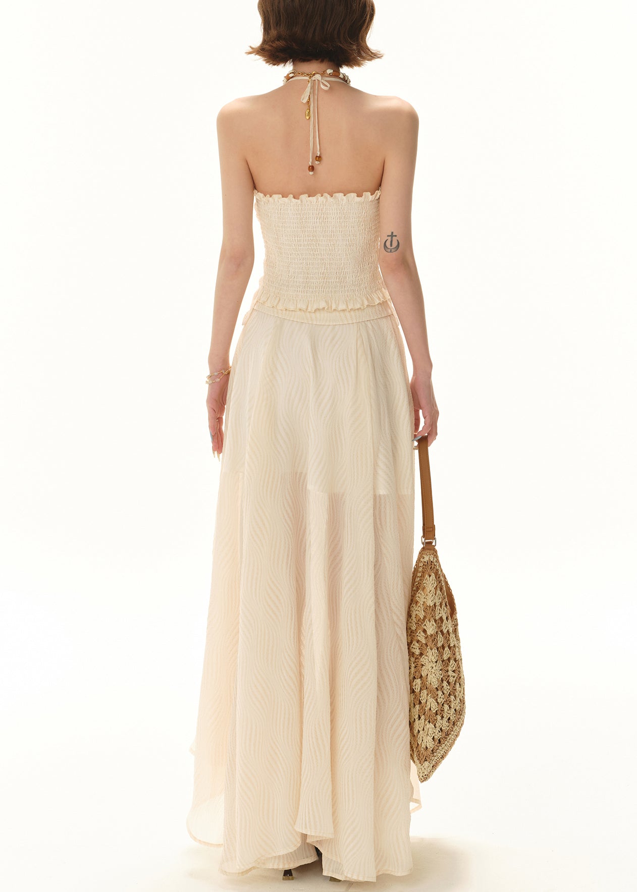 Apricot Lace Tops and Skirts Patchwork Two Pieces Set Sleeveless