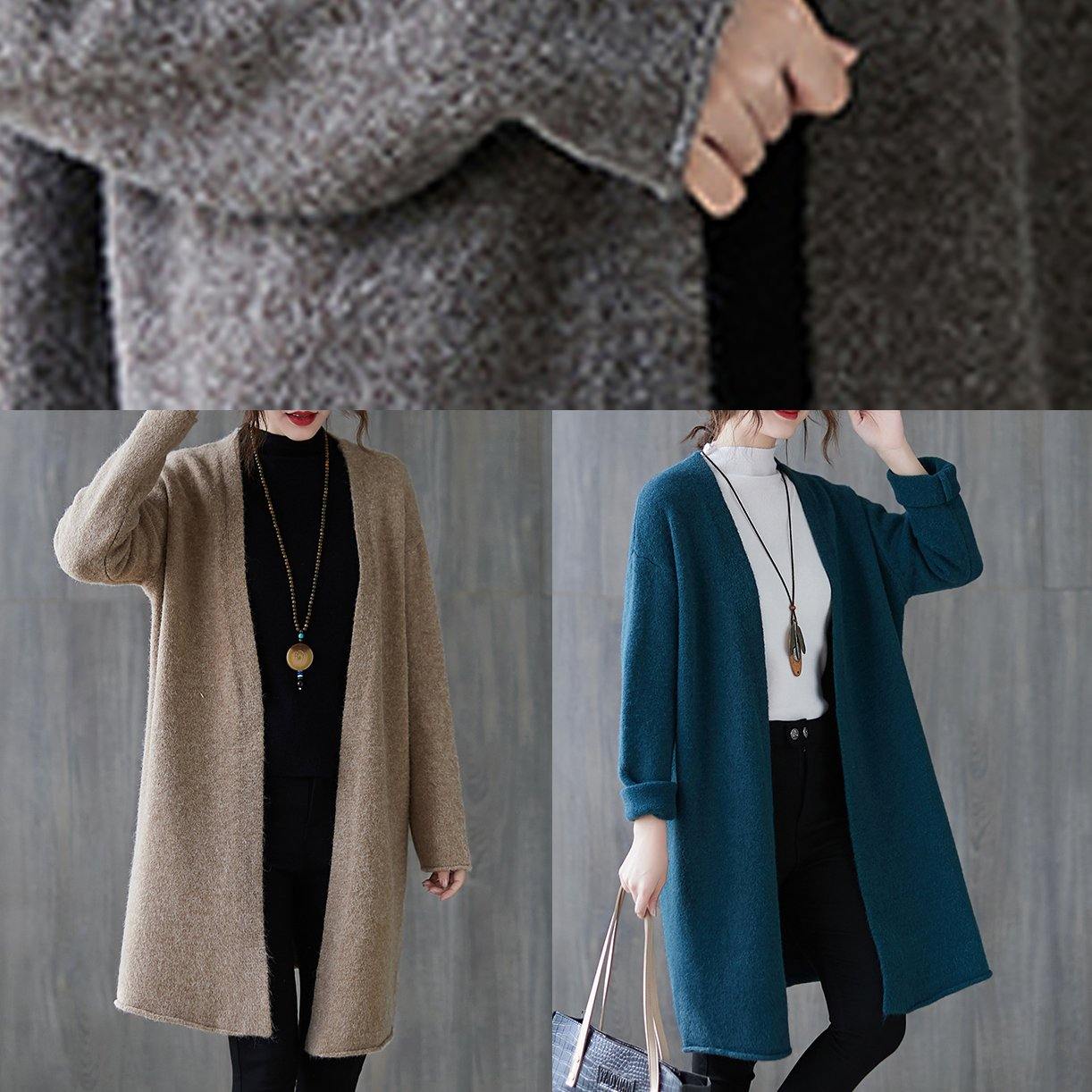 Winter Blue Knitted Outwear Clothing Fall V Neck Knitted Coat