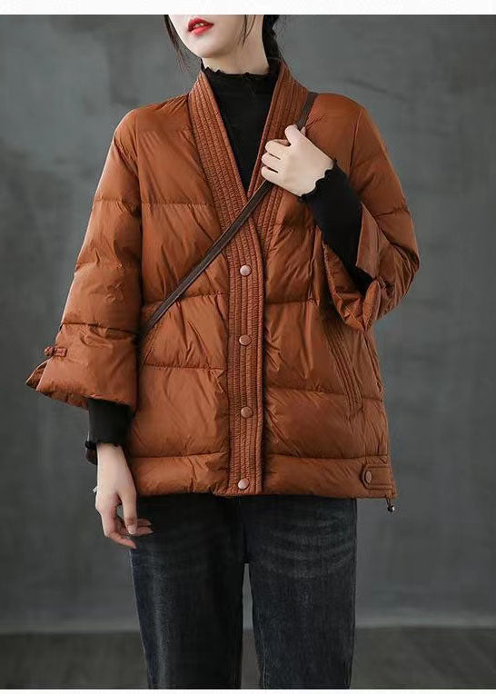 Red V Neck Button Thick Winter Duck Down Jackets