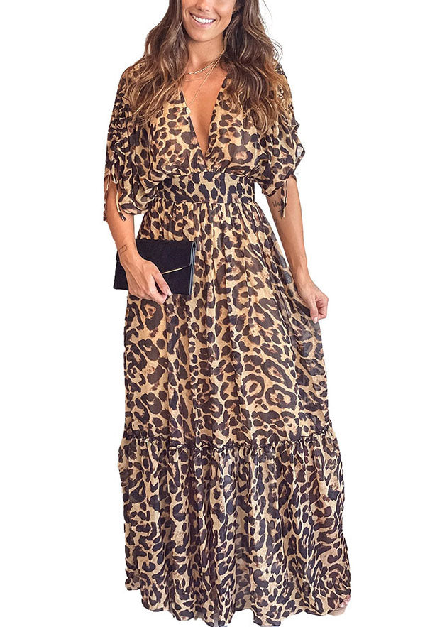 Boutique V Neck Leopard Print Patchwork Ruffled Cinch Long Dresses Short Sleeve
