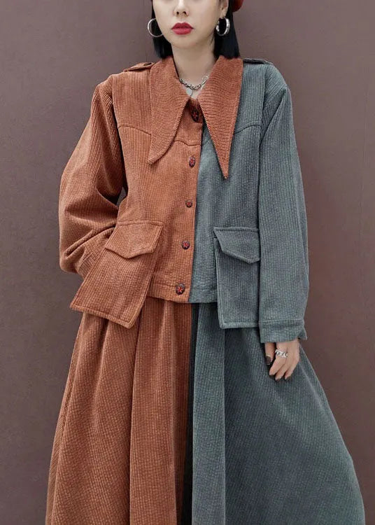 Fine V Neck Patchwork Corduroy Long Sleeved Tops Circle Skirts Two Piece Set Outfits
