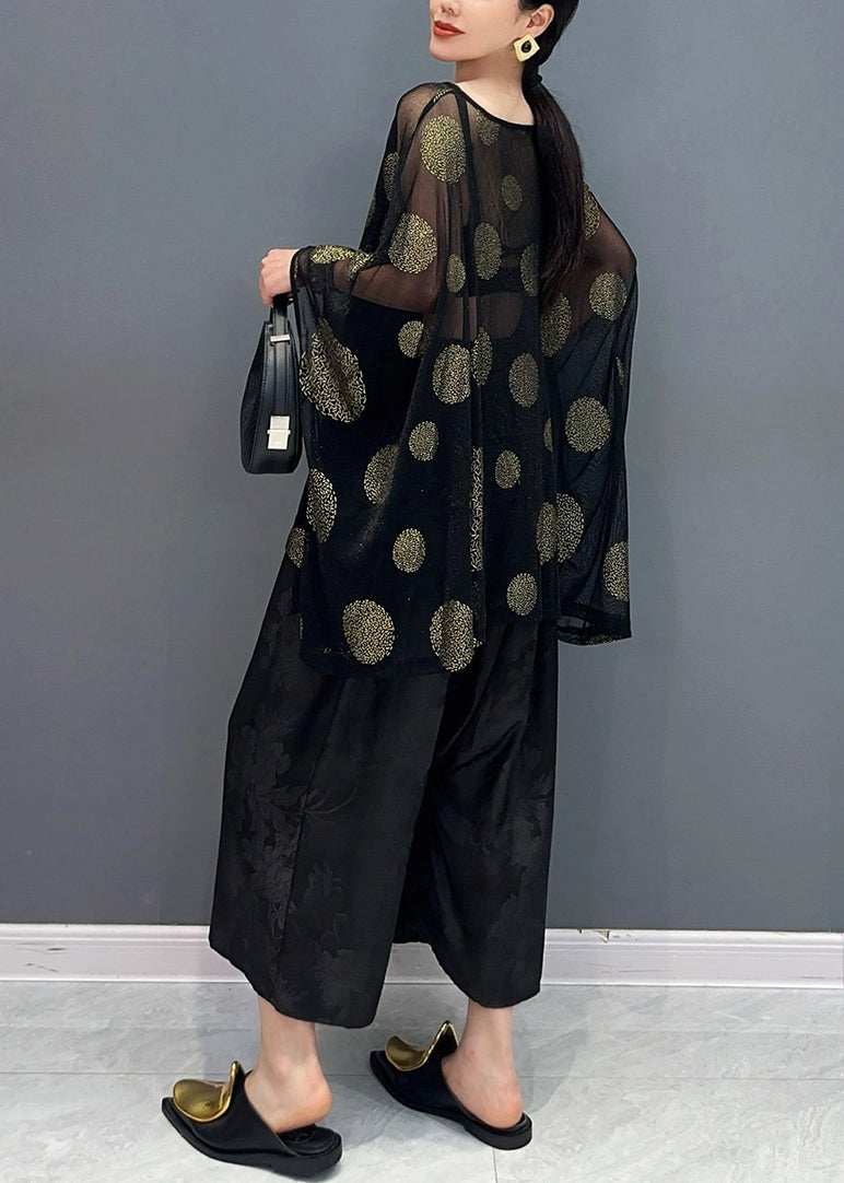 Black Print Silk T Shirts and Crop Pants Two Piece Set Bracelet Sleeve