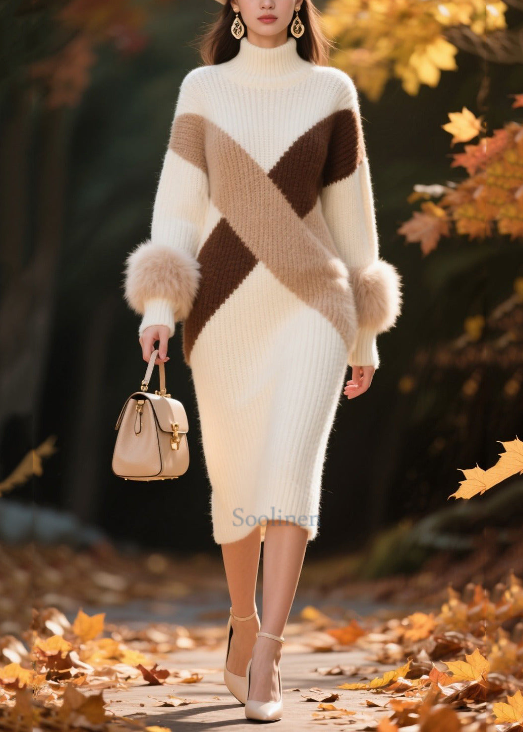 White Patchwork Faux Fur Knitwear Dress Turtle Neck Winter