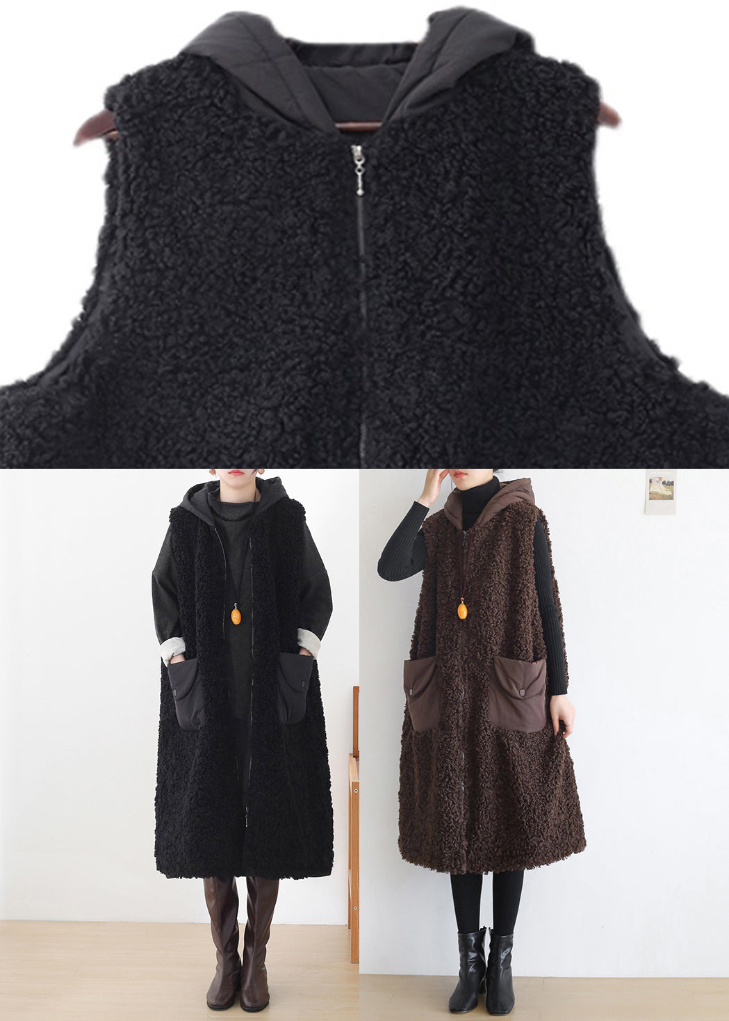 Coffee Colour Pockets Thick Woolen Hoodies Waistcoat Sleeveless