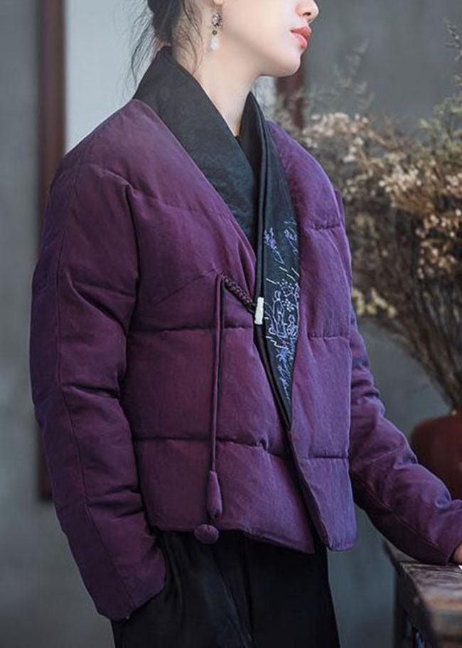 Pink Purple Embroidered Patchwork Duck Down Puffers Coats Winter