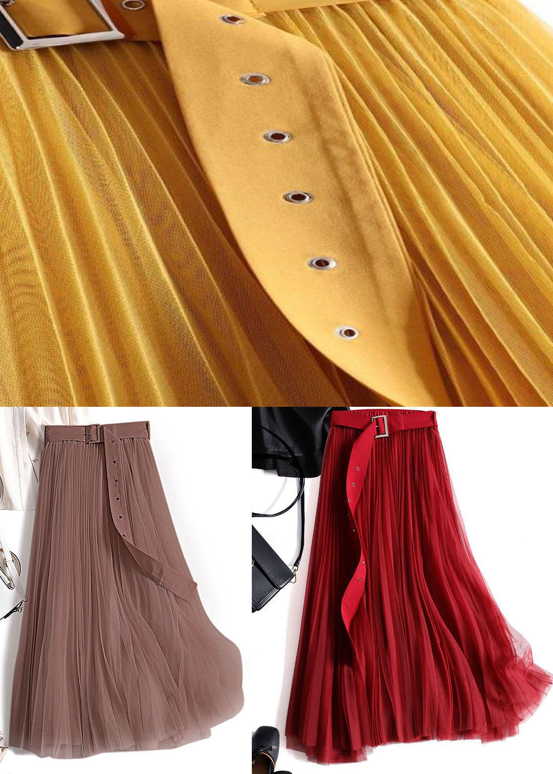 Coffee Wrinkled Patchwork Tulle Skirts Spring