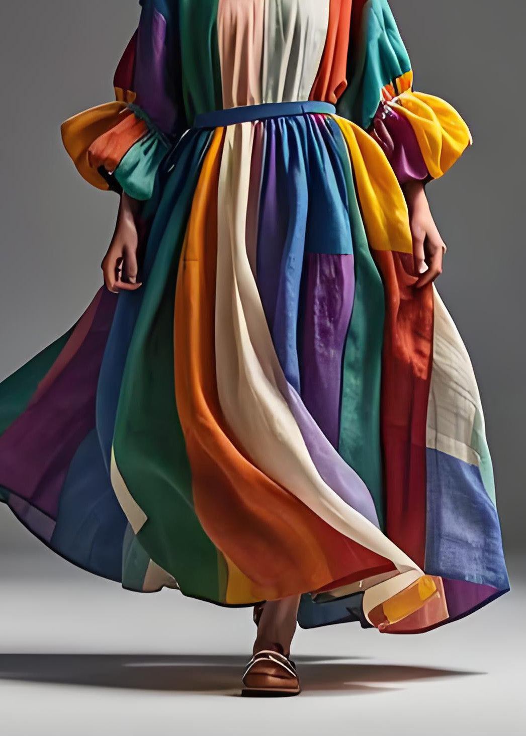 Colorblock Peter Pan Collar Patchwork Cotton Dress Lantern Sleeve