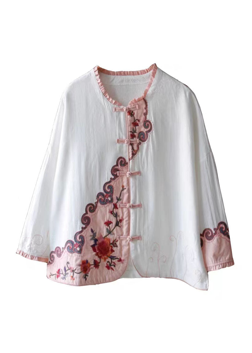 White Ruffled Embroidered Patchwork Cotton Tops Spring