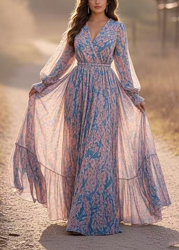Blue Patchwork Tunic Chiffon Long Dresses Lantern Sleeve