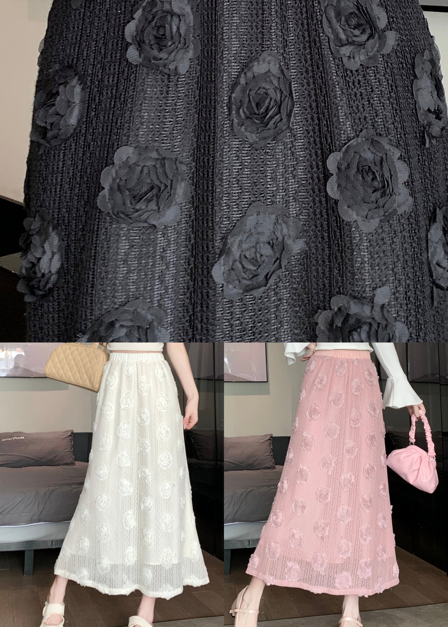 French Pink Decorated High Waist Cotton Skirt Spring