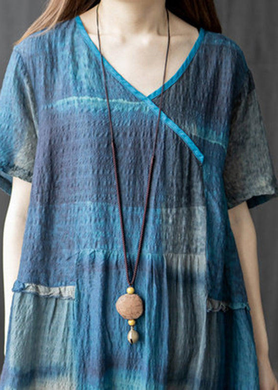 Blue Pockets V Neck Plaid Linen Vacation Dresses Short Sleeve