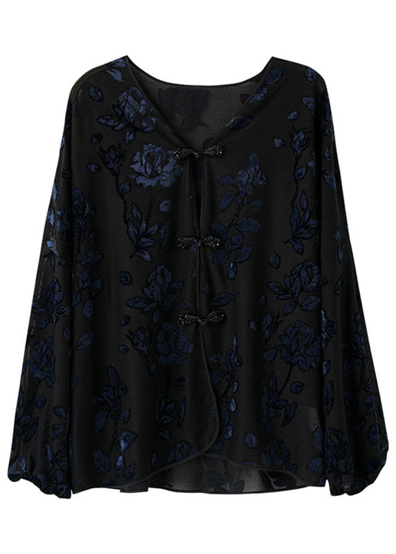 Black V Neck Embroidered Velour Shirt Fall
