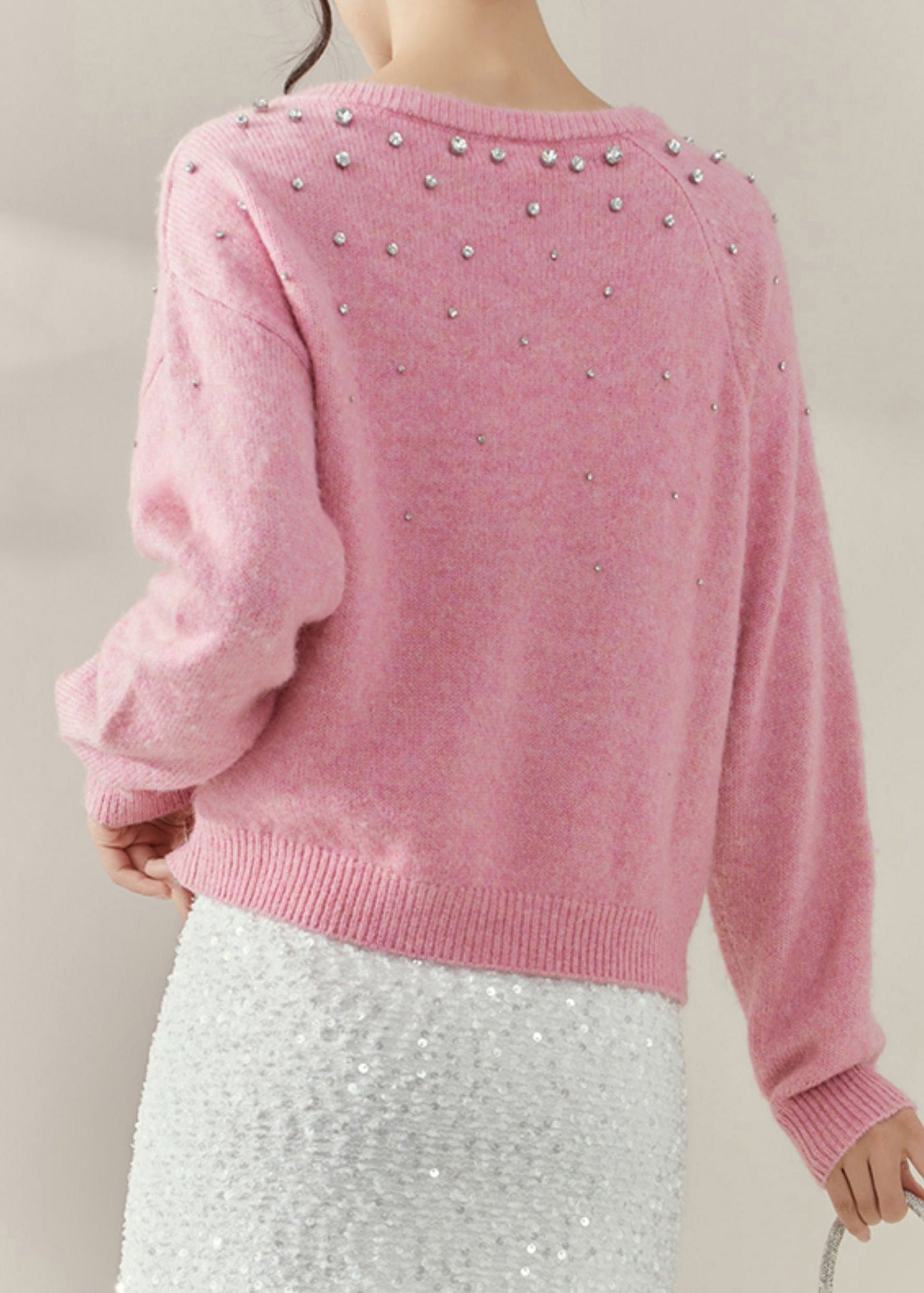 Pink O-neck Nail Bead Cozy Cotton Knit Sweater Fall