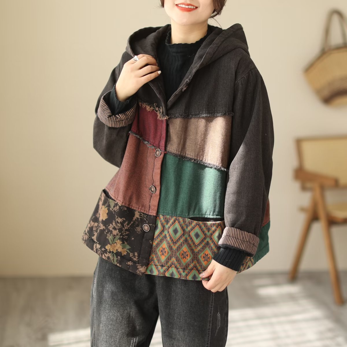 Padded Thick Loose Colorblock Denim Jacket