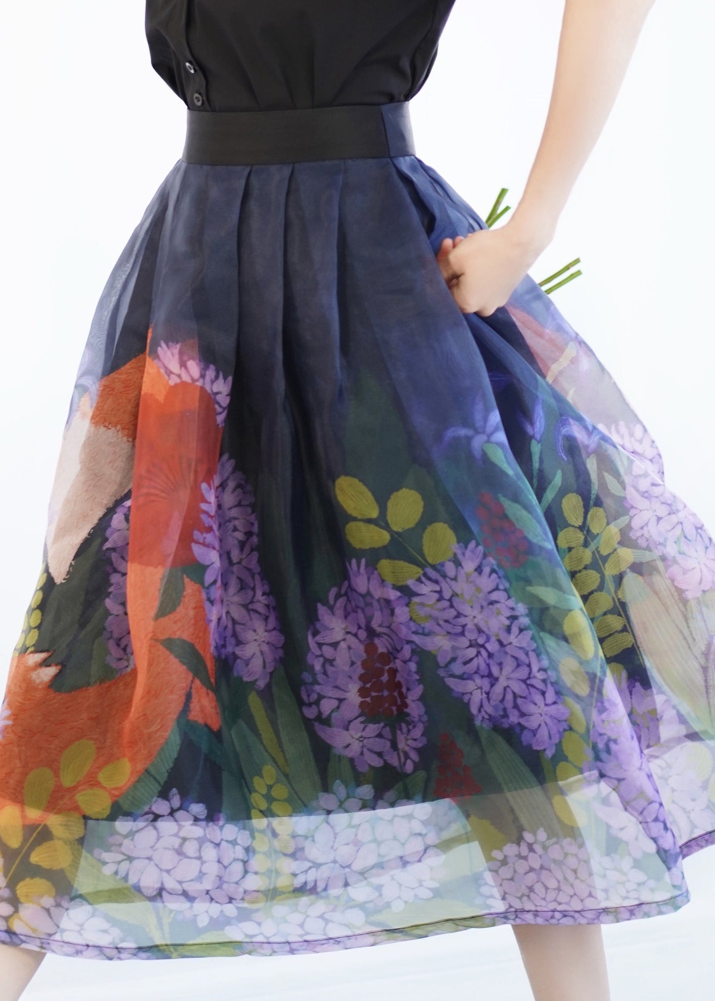 Blue Print Wrinkled Tulle Maxi Skirt