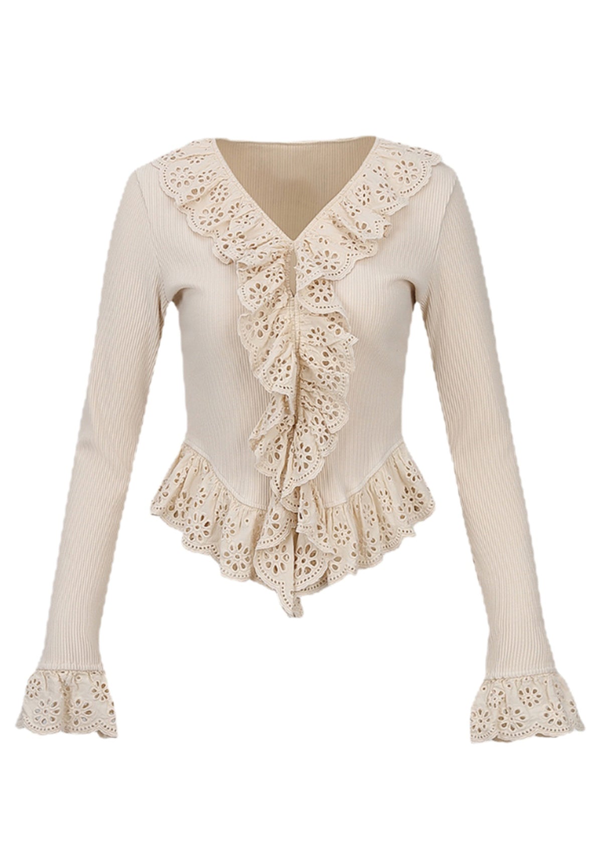 French Beige V Neck Lace Patchwork Hollow Out Top Spring