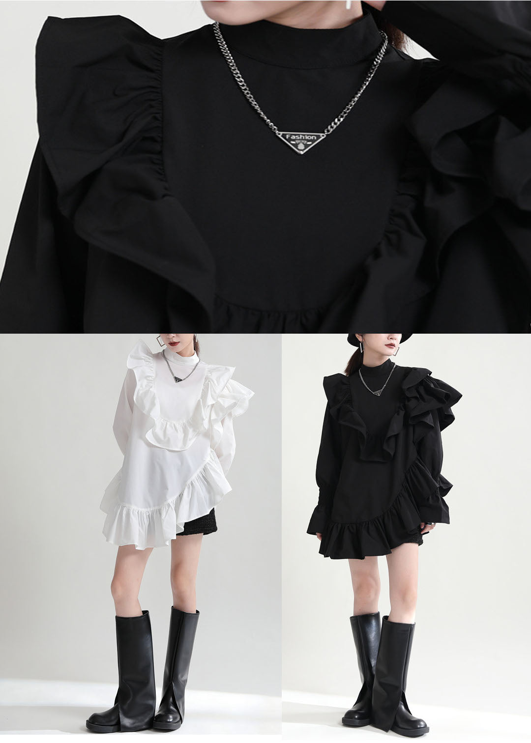 White Patchwork Cotton Shirt Top Ruffled Color Fall