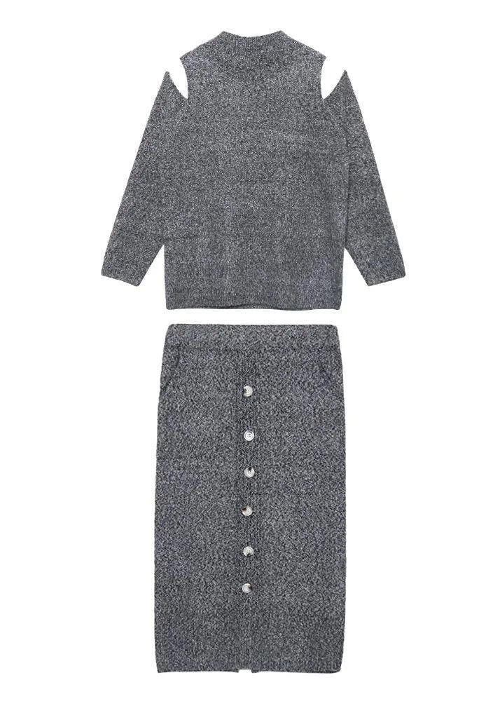 Autumn Knitted Gray Set Two-piece Skirt New Sweater Skirt Set