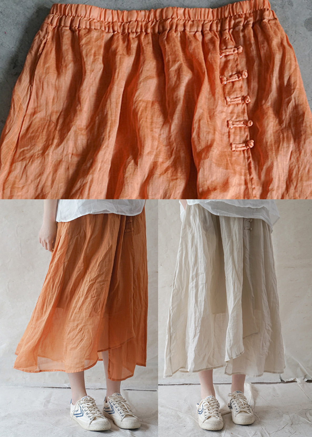 Beige Linen Skirts Elastic Waist Button Asymmetrical Design Spring