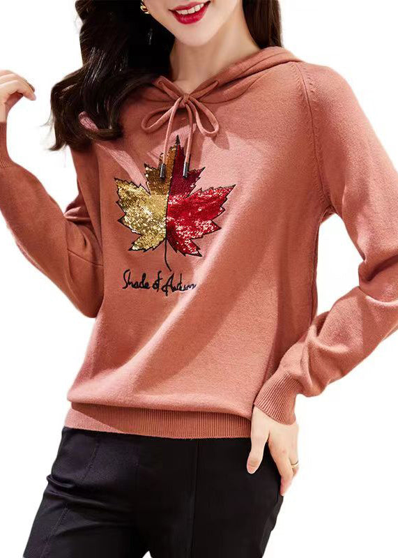 Rubber Red Hooded Embroidered Patchwork Cotton Top Fall