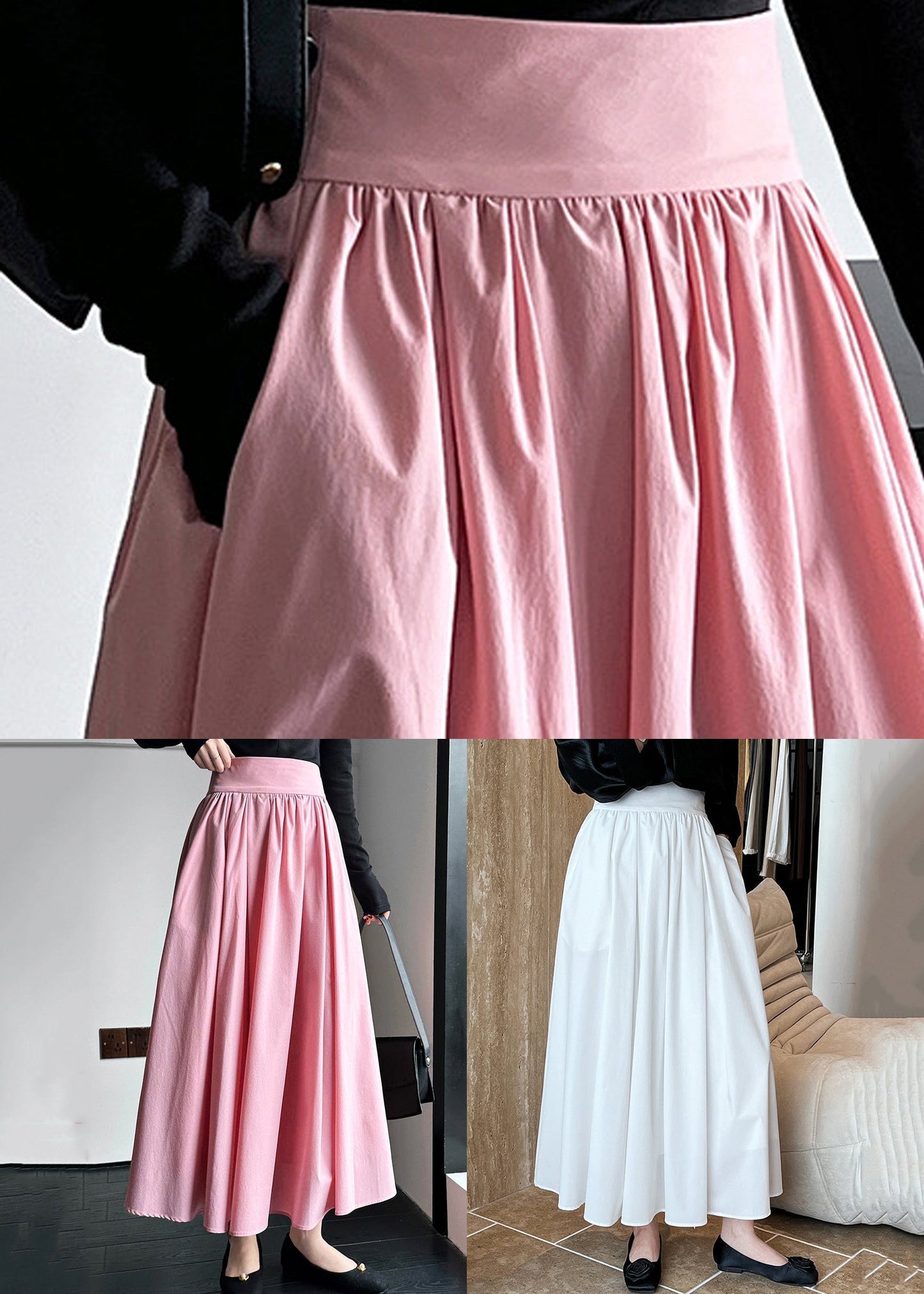 Pink Zippered High Waist Cotton Skirts Spring