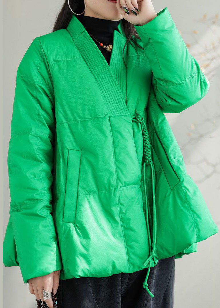 Green V Neck Pockets Duck Down Jackets Winter