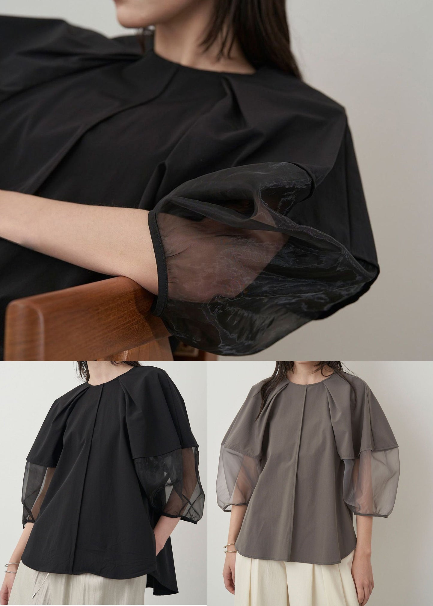 Black Patchwork Organza Shirt Oversized Puff Sleeve