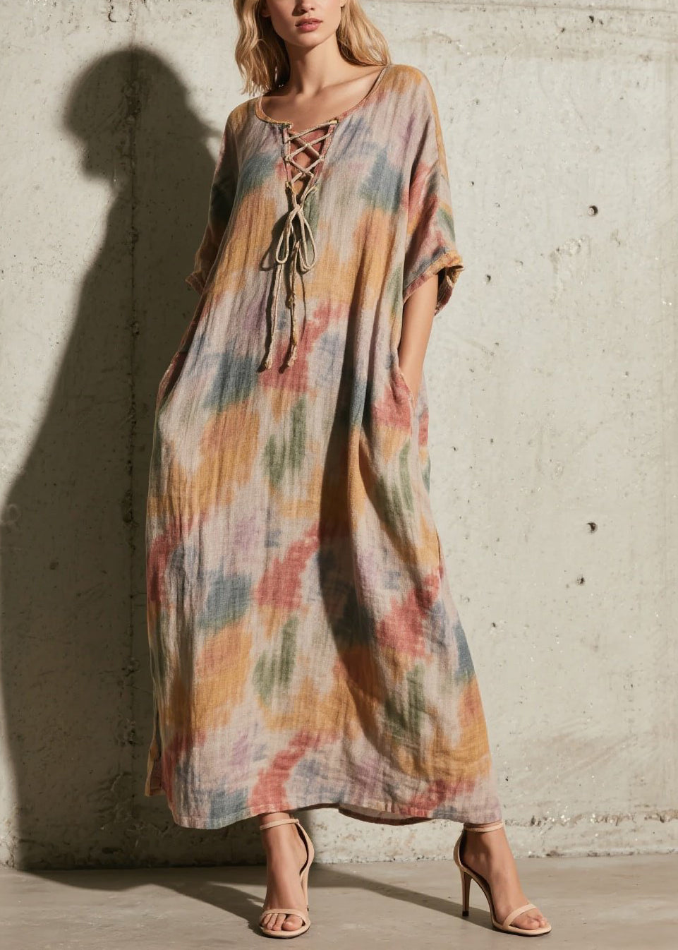 Khaki Tie Dye Cross Strap Cotton Long Dress Fall
