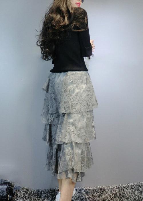 Grey Asymmetrical Lace Skirt Spring