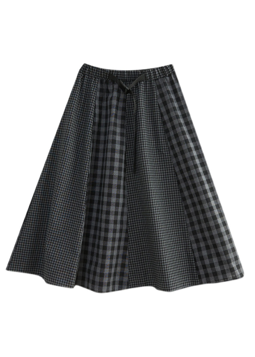 Simple Black Plaid Elastic Waist Patchwork a Line Skirt Spring