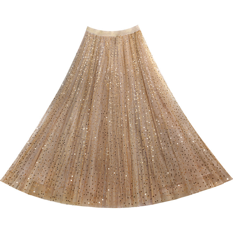 French Khaki Sequins Tulle Elastic Waist Skirts Summer