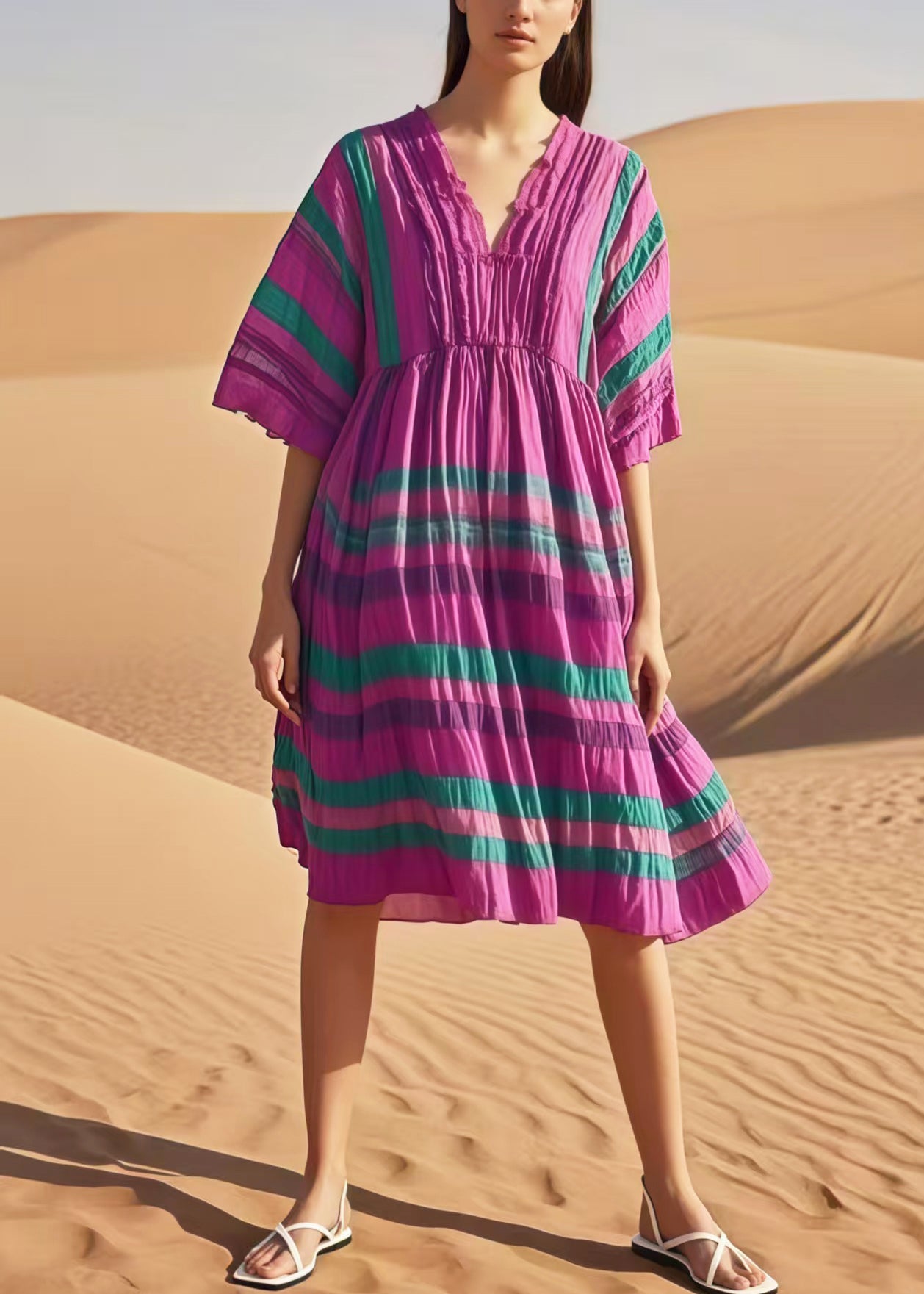 Purple V Neck Striped Cotton Day Dresses Summer