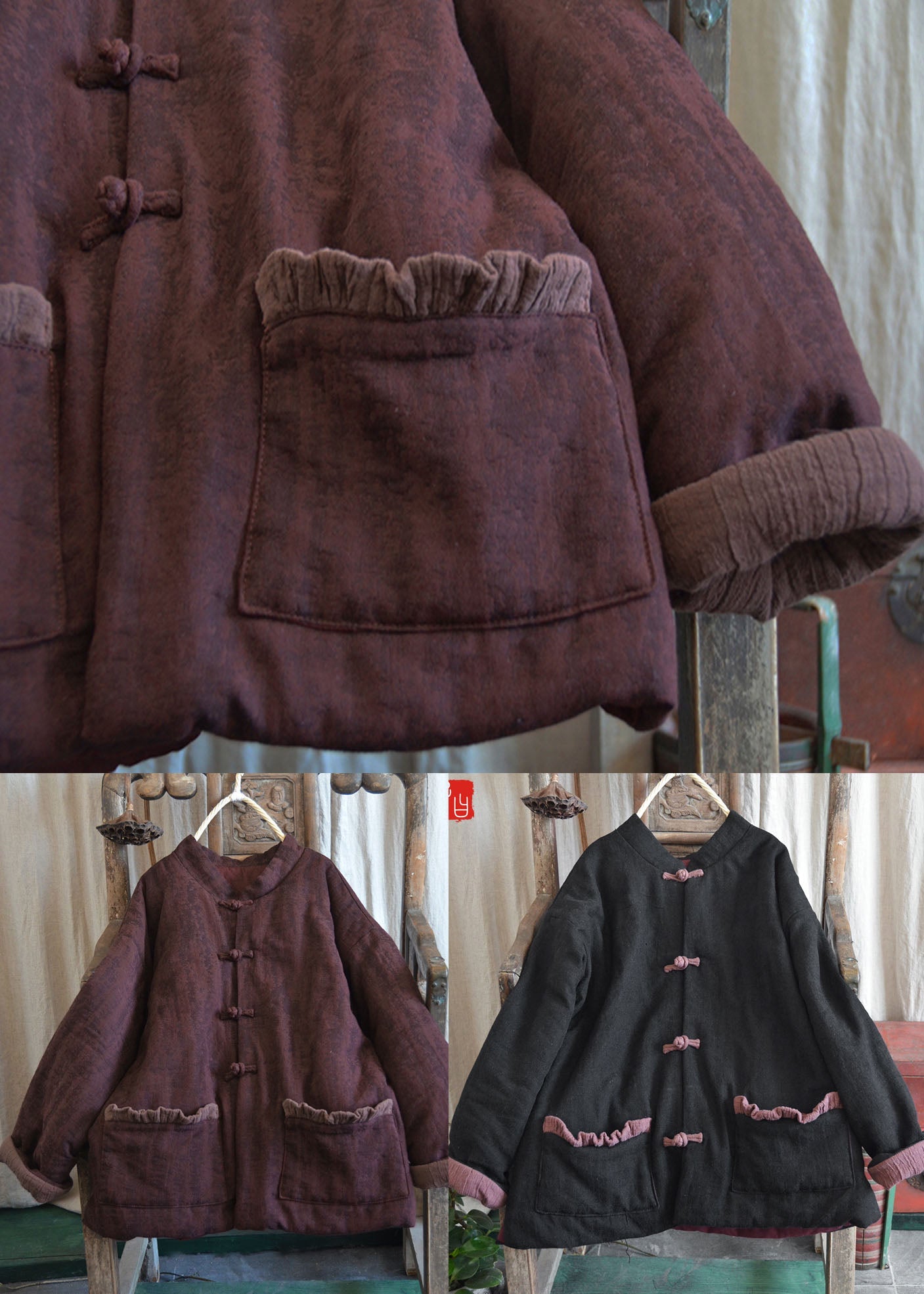 Purple Red Pockets Fine Cotton Filled Winter Coats