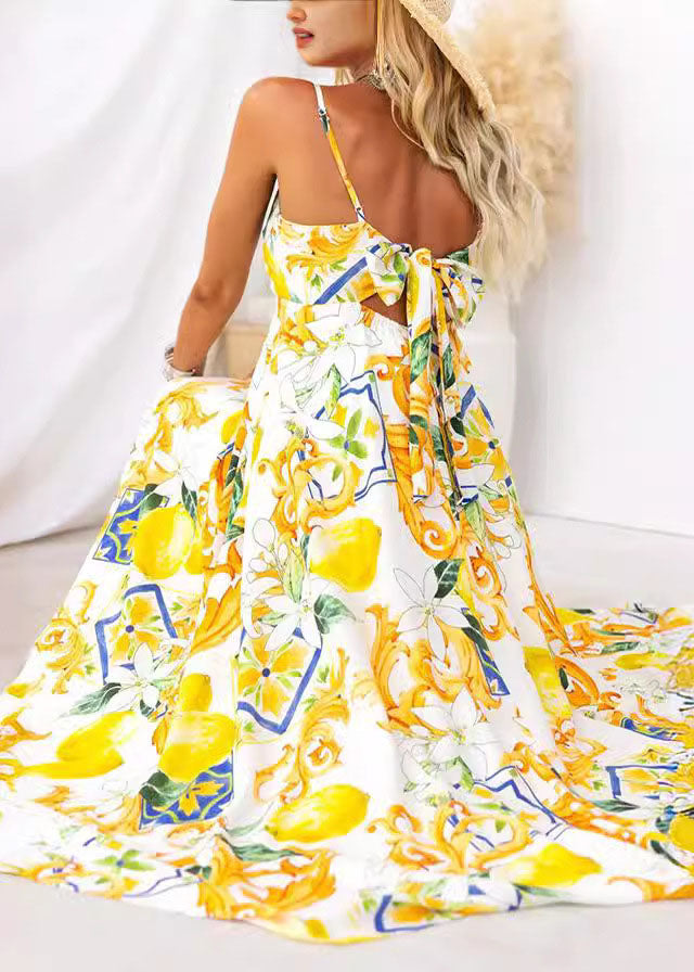 Stylish Yellow Print Lace Up Spaghetti Strap Dress Sleeveless