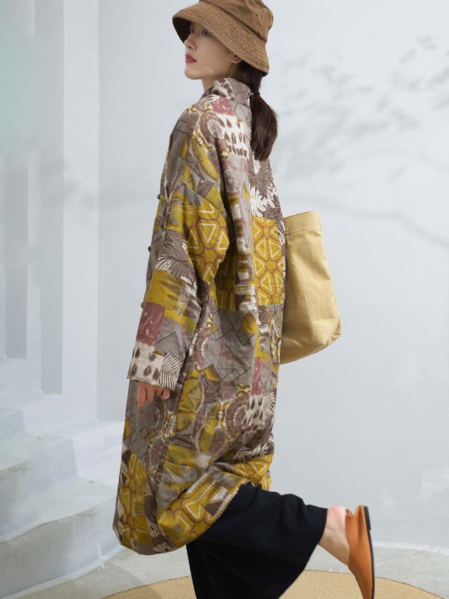 Winter Artsy Print Frog Loose Long Coat