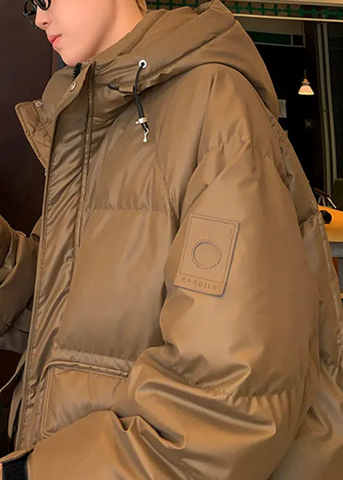 Loose Coffee Hooded Pockets Duck Down Down Coat Winter