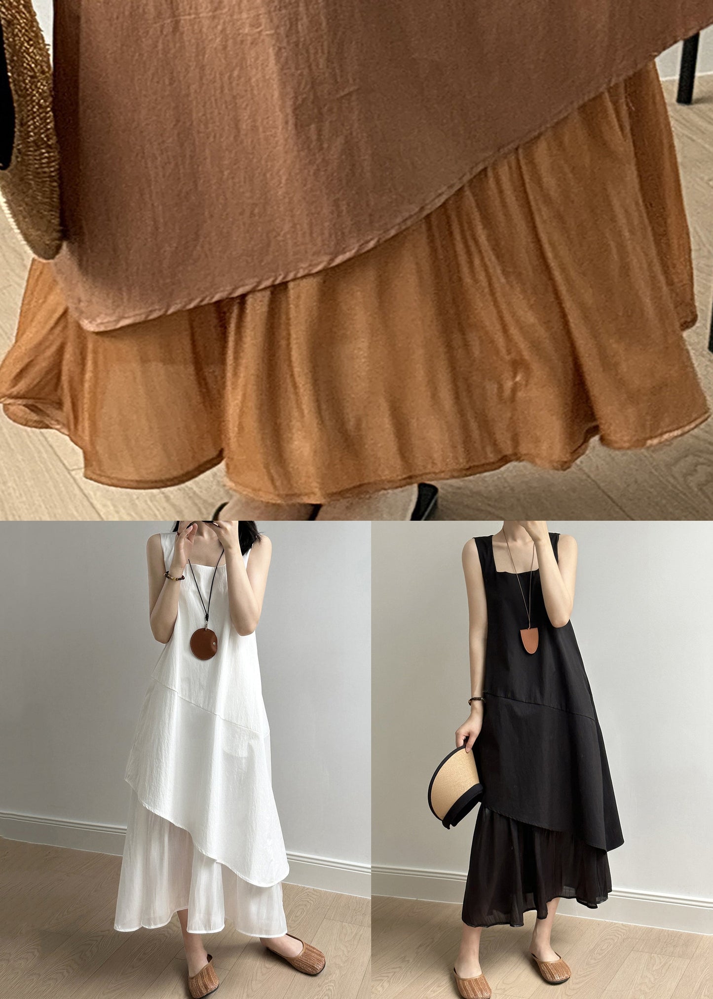 New White Square Collar Patchwork Cotton Long Dresses Sleeveless