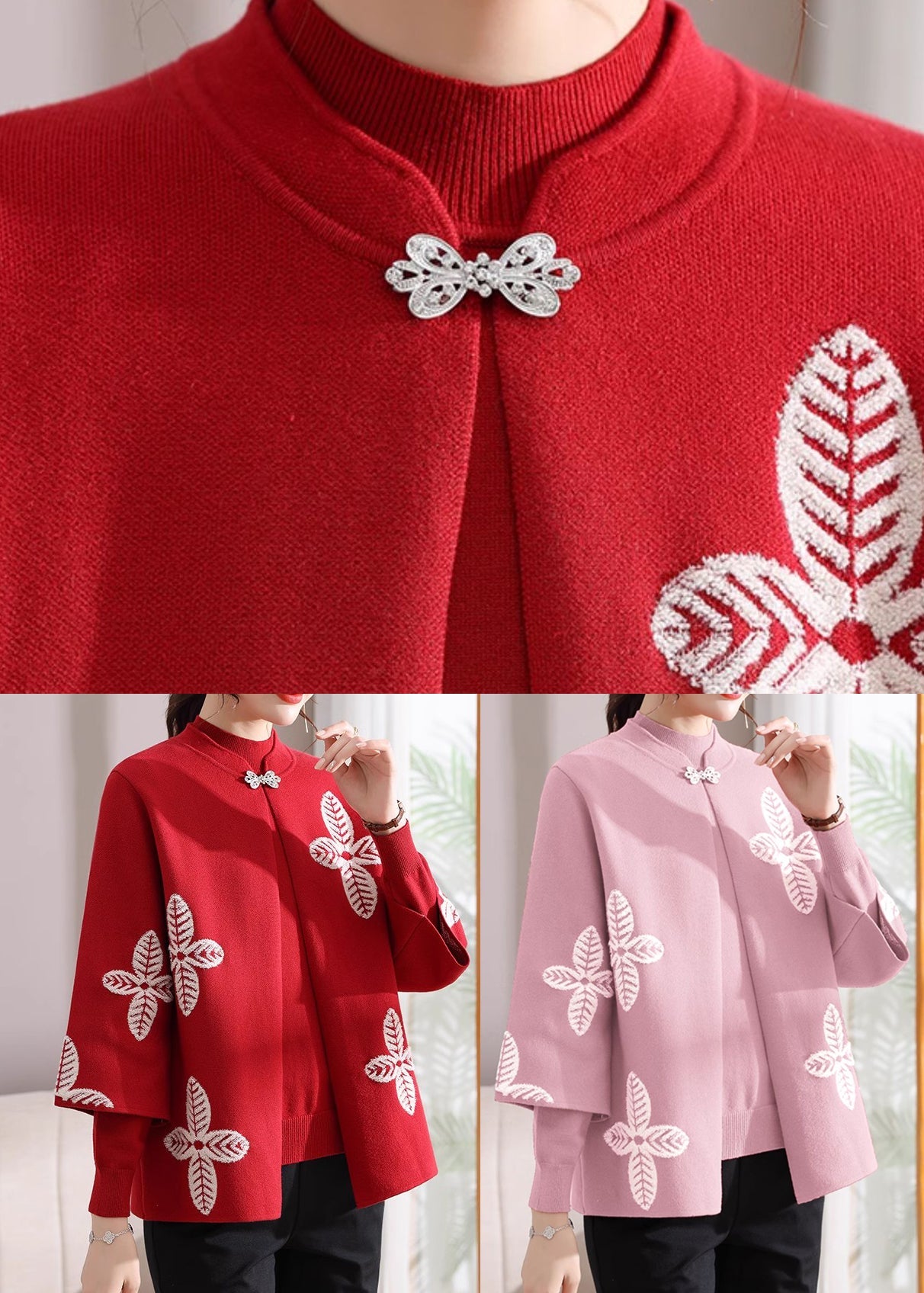 Pink Stand Collar Knit Coats and Sweaters Two-piece Set Three Quarter Sleeve