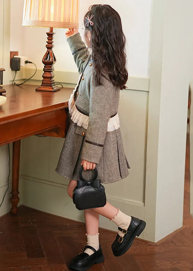 Grey Ruffled Patchwork Button Thick Kids Coat and Skirts Two Piece Set Spring