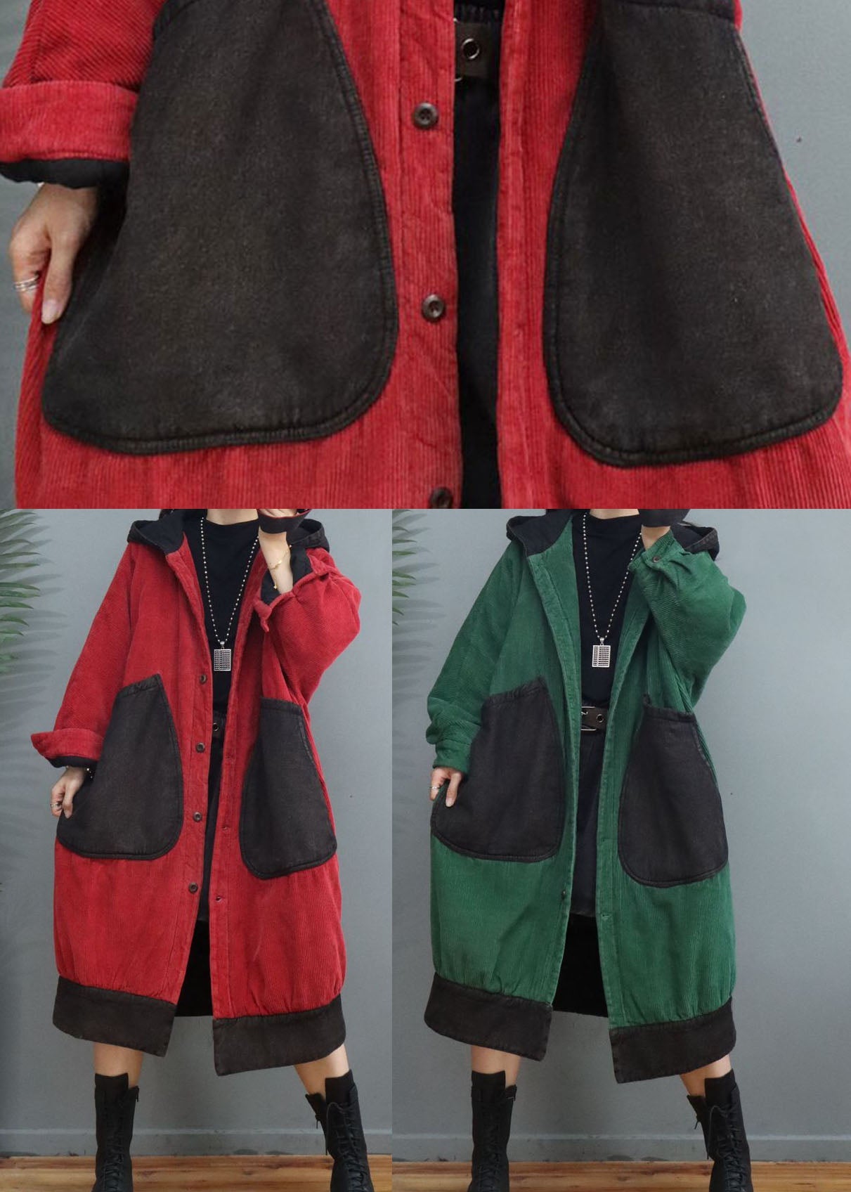 Red Hooded Patchwork Corduroy Winter Coats Winter