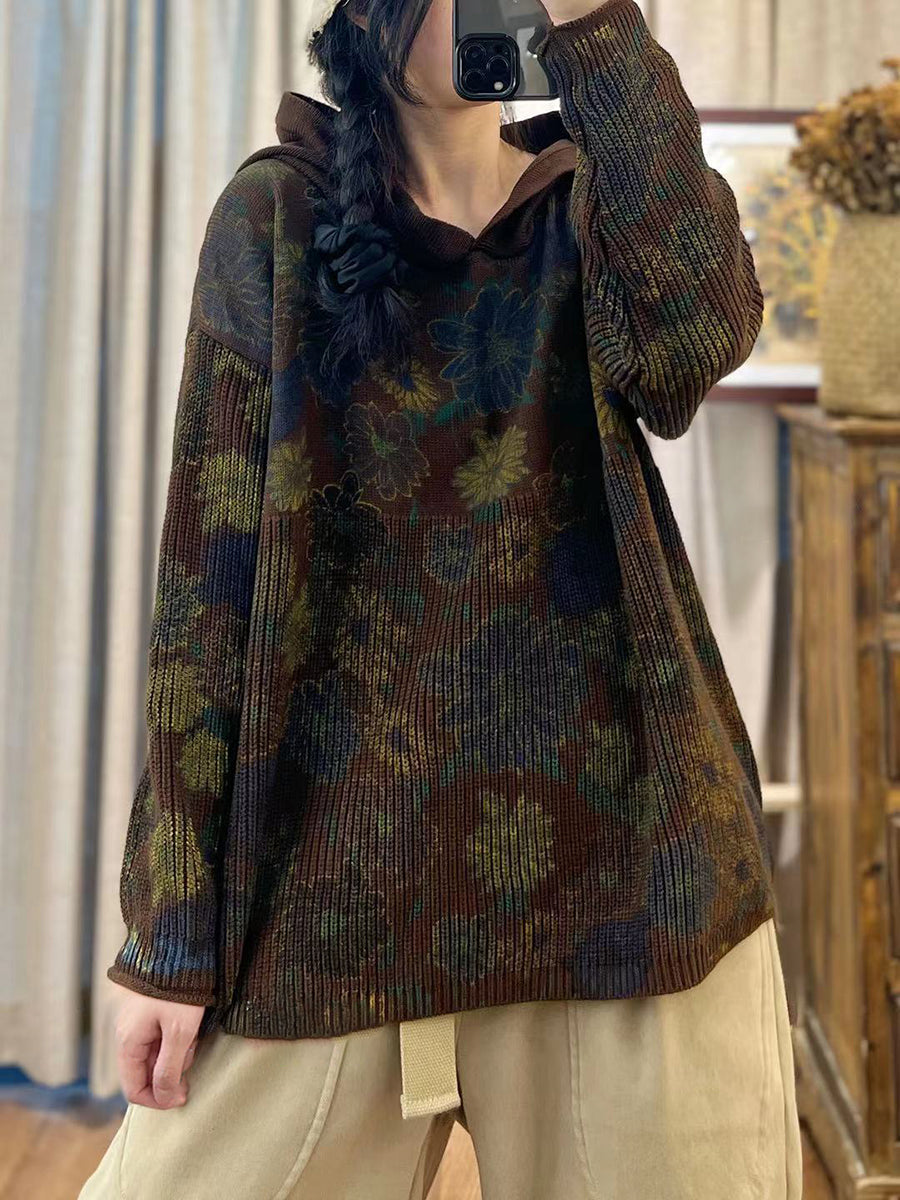 Autumn Cotton Print Hooded Loose Sweater