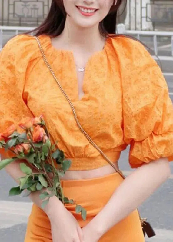 Art Orange V Neck Print Top and Skirts Two Pieces Set Lantern Sleeve
