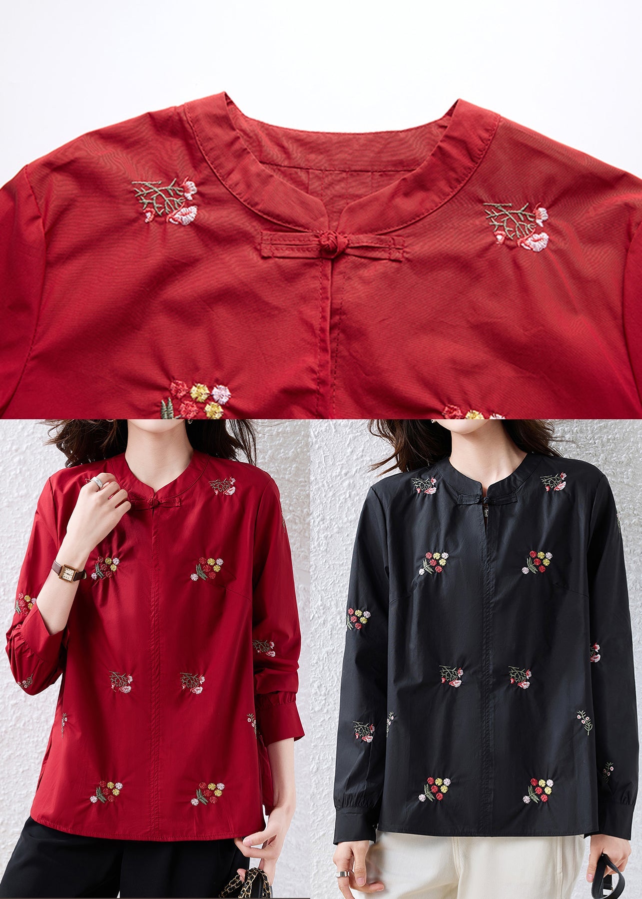 Black Embroidered Chinese Button Cotton Shirt Top Fall