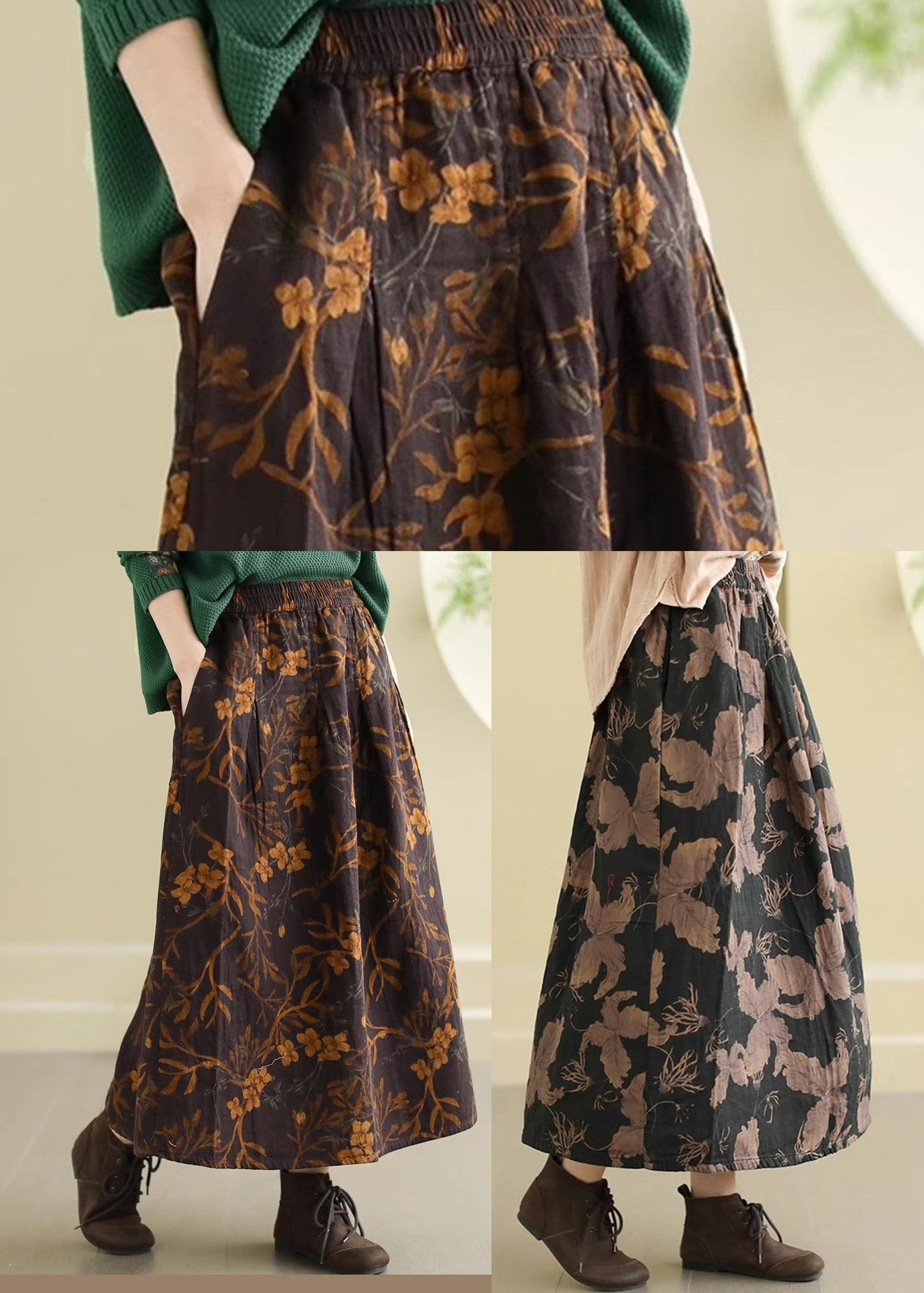 Black Print Cotton a Line Skirts Elastic Waist Spring
