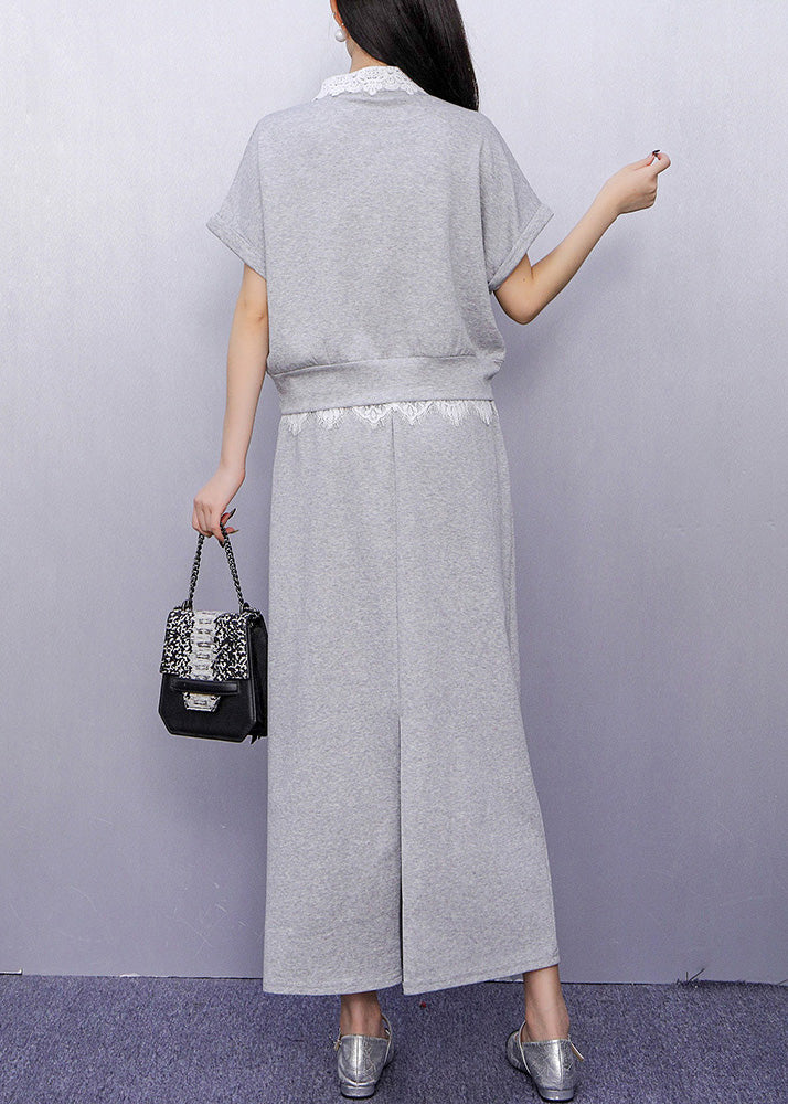 Grey Lace Patchwork Top and Maxi Skirts Two Piece Set Summer